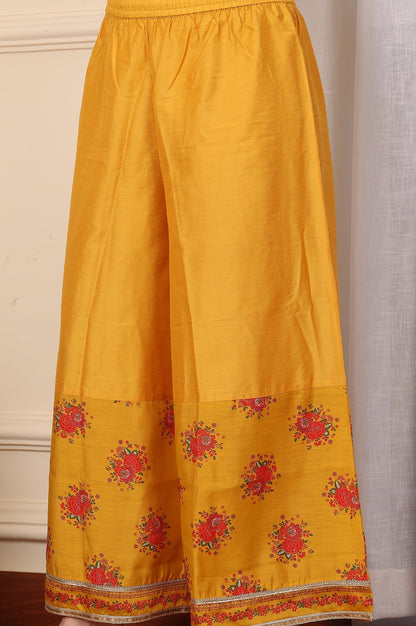 W for Woman Mustard Yellow Floral Printed Chanderi Anarkali Kurta With Embroidery, Flared Pants And Dupatta Set