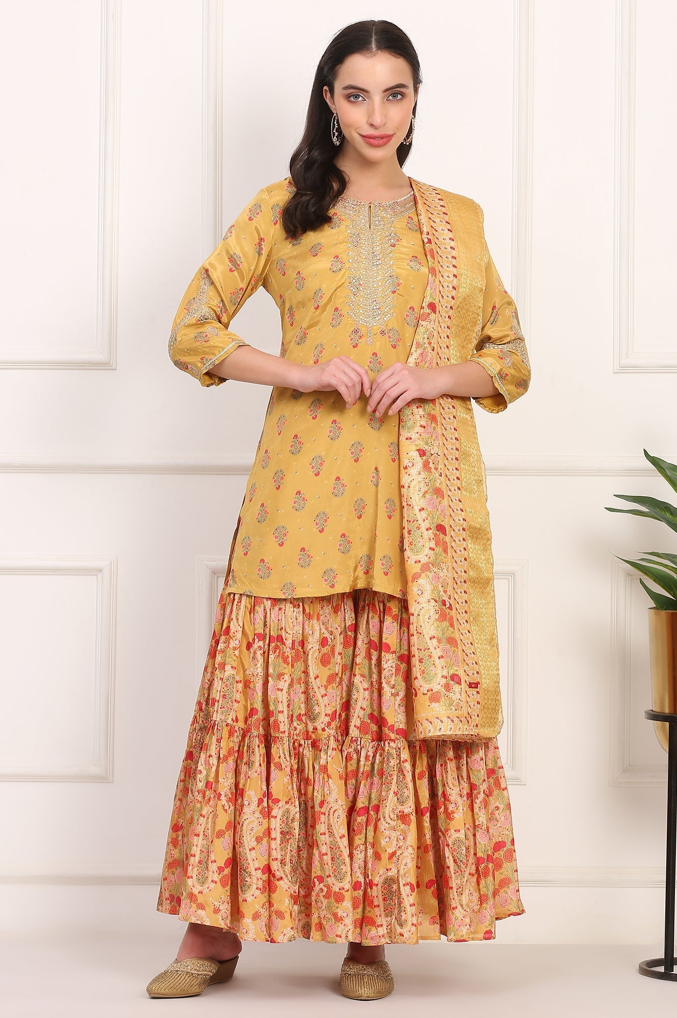 W for Woman Yellow Floral Printed Metallic Embroidery Flared Kurta, Sharara and Dupatta Set