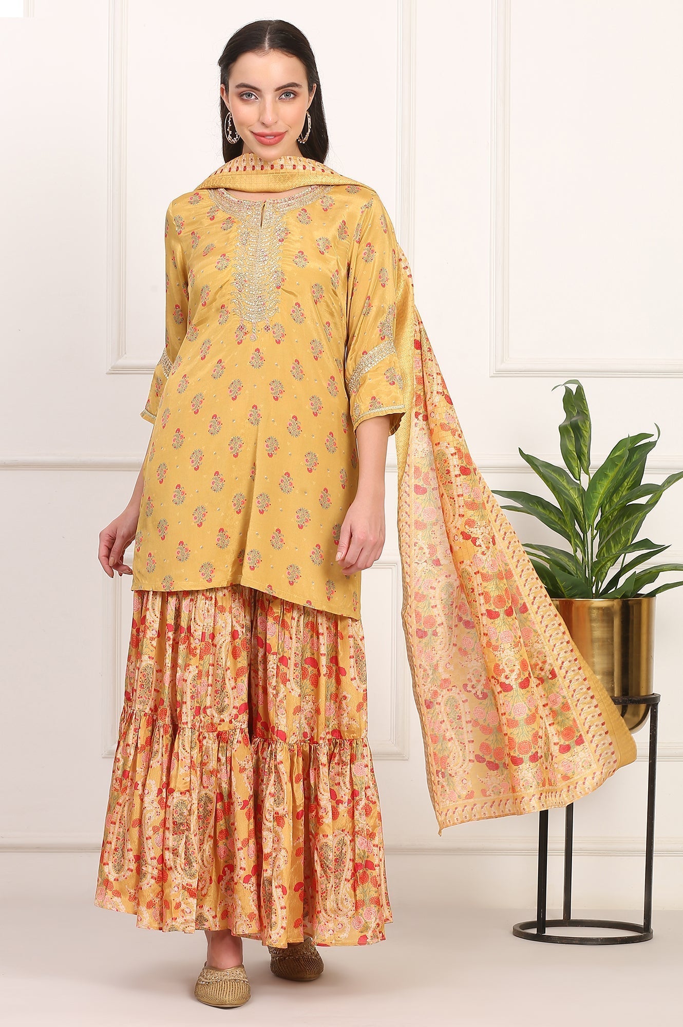 W for Woman Yellow Embroidered Straight Shantung Kurta with Sharara and Dupatta Set