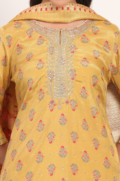W for Woman Yellow Embroidered Straight Shantung Kurta with Sharara and Dupatta Set