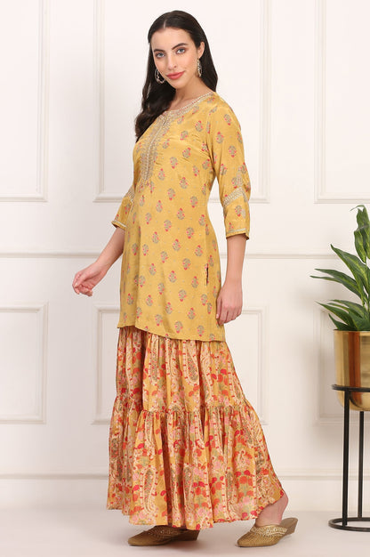 W for Woman Yellow Floral Printed Metallic Embroidery Flared Kurta, Sharara and Dupatta Set