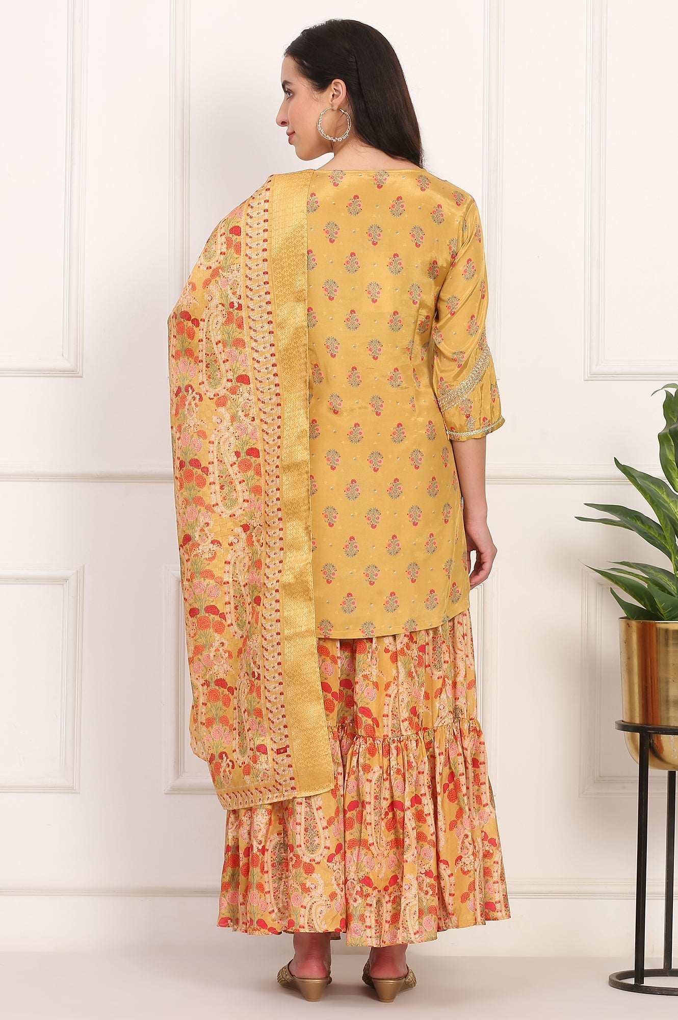 W for Woman Yellow Embroidered Straight Shantung Kurta with Sharara and Dupatta Set