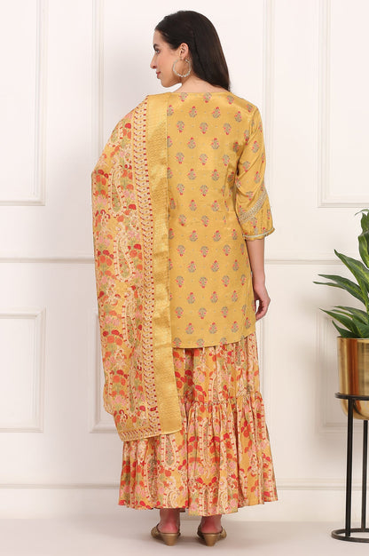 W for Woman Yellow Embroidered Straight Shantung Kurta with Sharara and Dupatta Set
