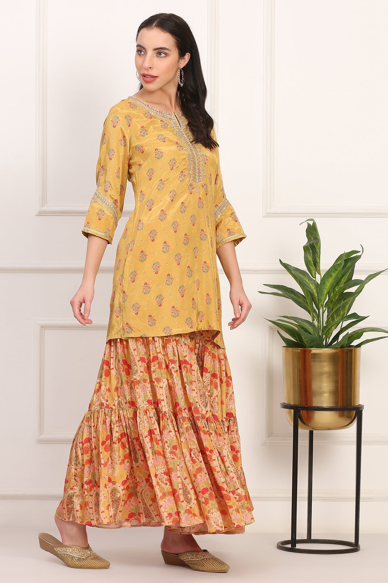 W for Woman Yellow Floral Printed Metallic Embroidery Flared Kurta, Sharara and Dupatta Set