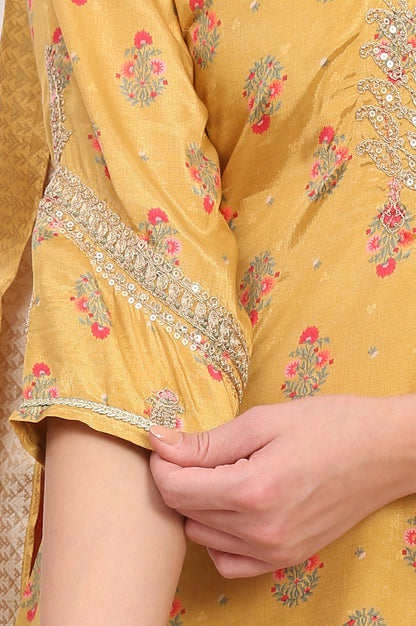 W for Woman Yellow Embroidered Straight Shantung Kurta with Sharara and Dupatta Set