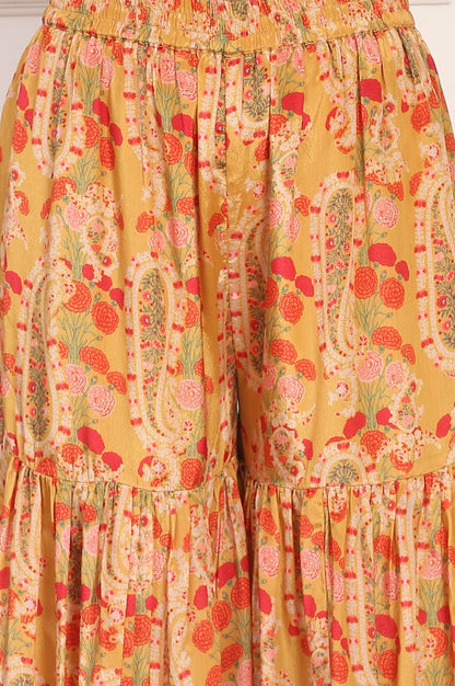 W for Woman Yellow Embroidered Straight Shantung Kurta with Sharara and Dupatta Set