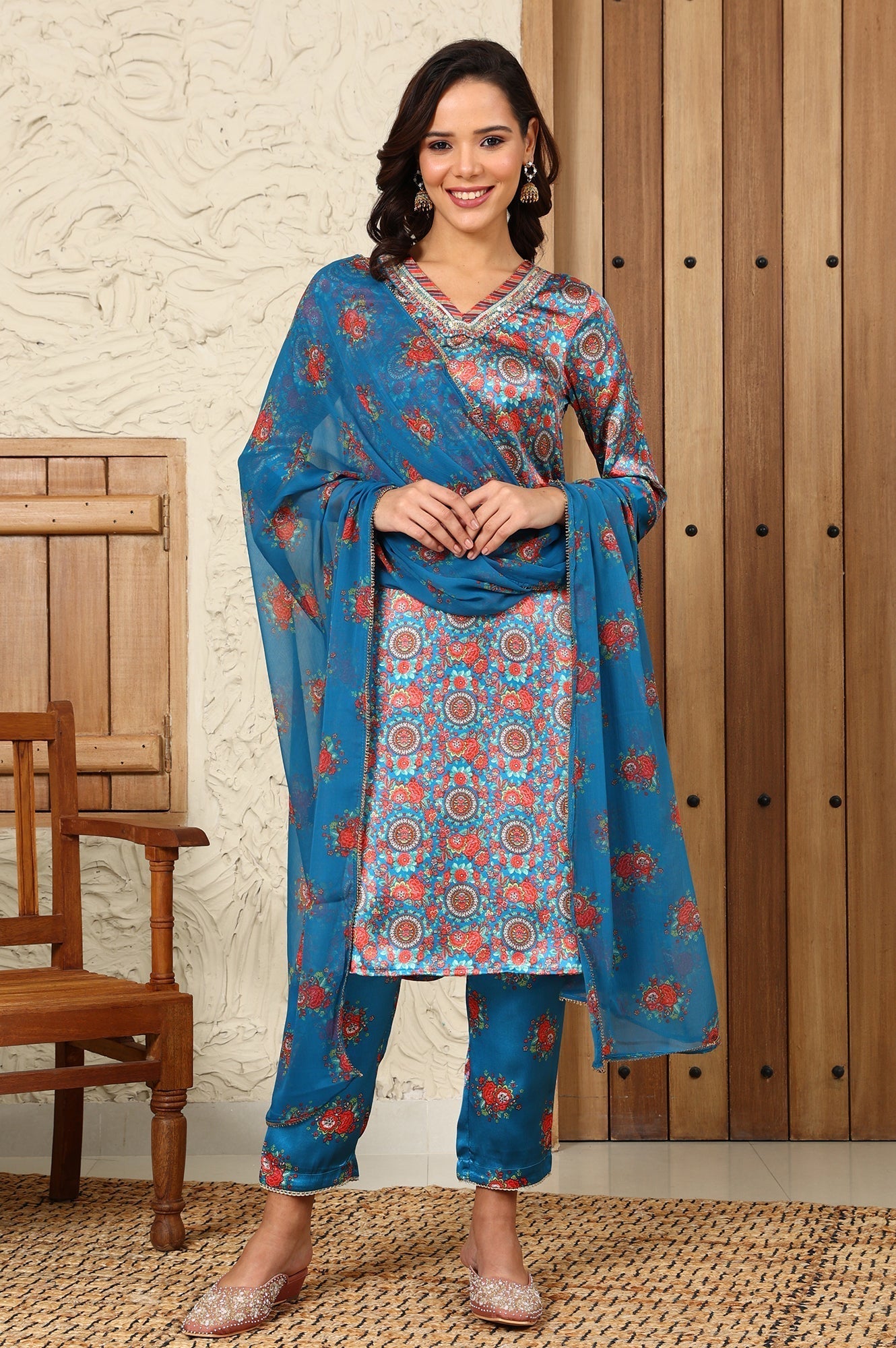 W for Woman Teal Blue Floral Printed Japenese Satin Embroidered A-Line Kurta And Pants Set With Dupatta