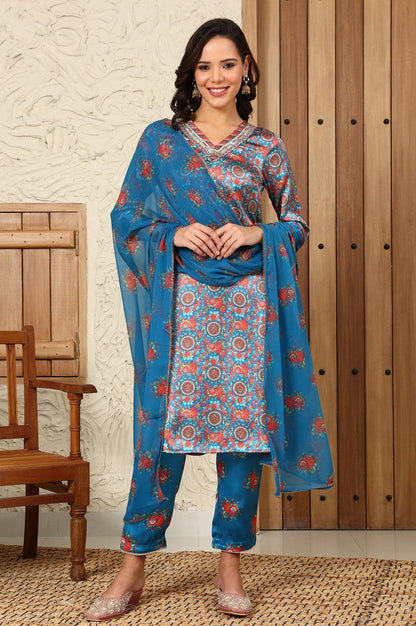 W for Woman Teal Blue Floral Printed Japenese Satin Embroidered A-Line Kurta And Pants Set With Dupatta