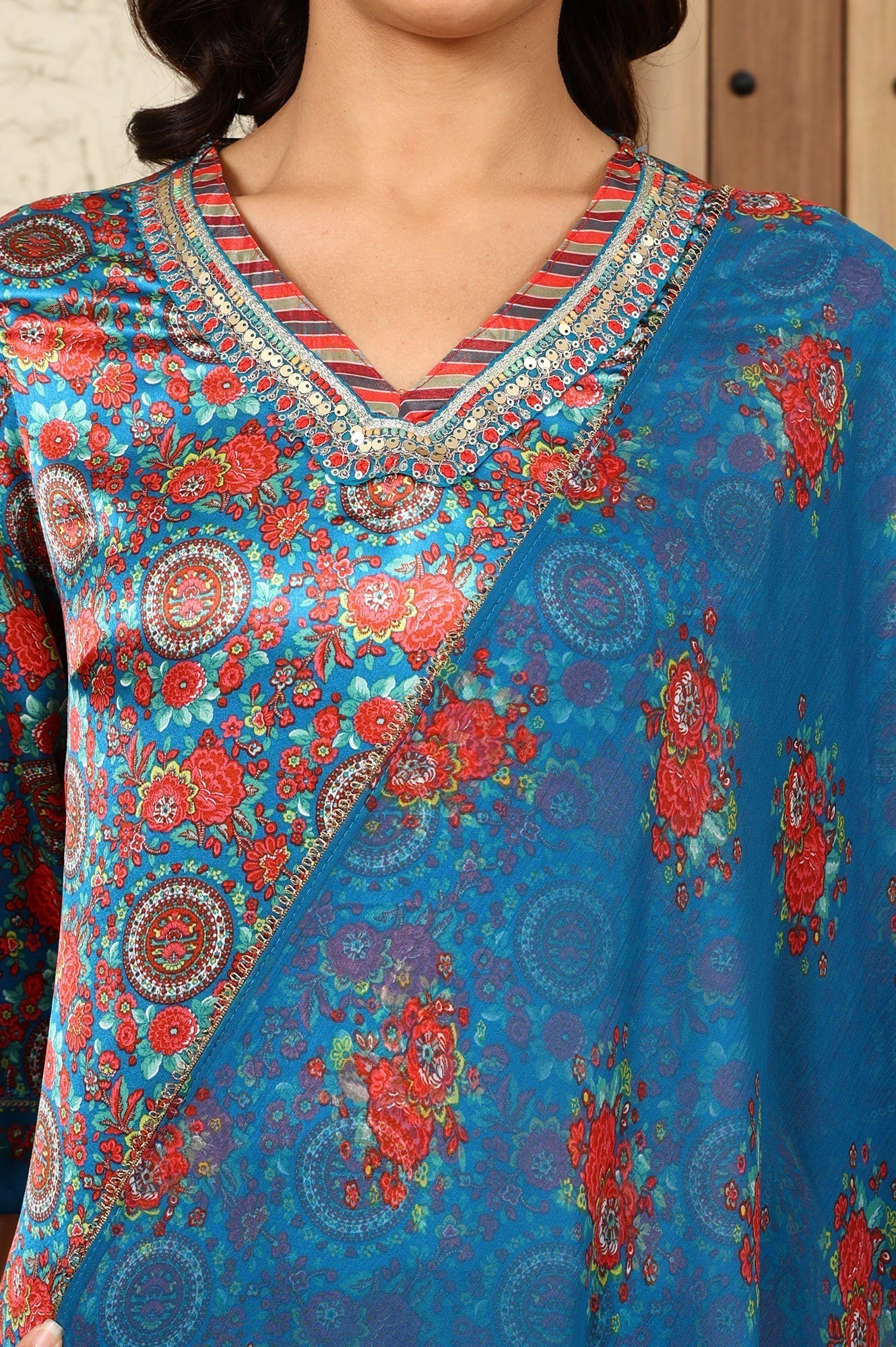 W for Woman Teal Blue Floral Printed Japenese Satin Embroidered A-Line Kurta And Pants Set With Dupatta