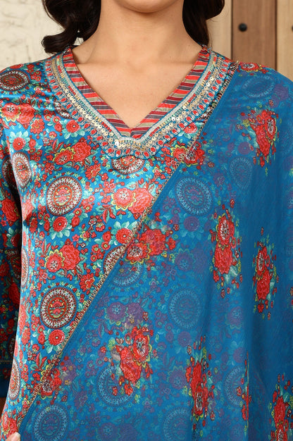 W for Woman Teal Blue Floral Printed Japenese Satin Embroidered A-Line Kurta And Pants Set With Dupatta