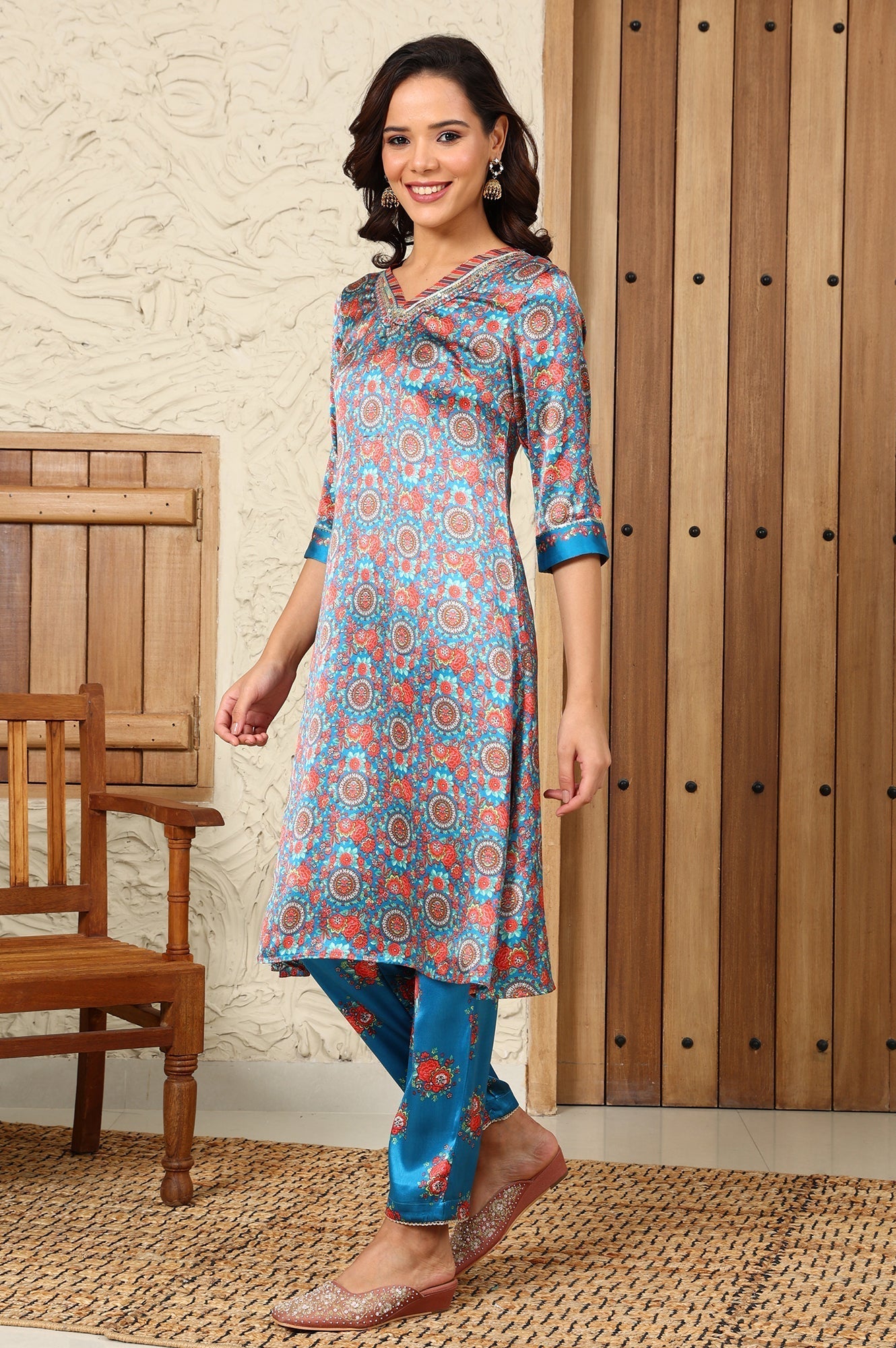 W for Woman Teal Blue Floral Printed Japenese Satin Embroidered A-Line Kurta And Pants Set With Dupatta