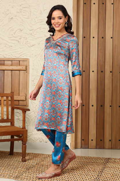W for Woman Teal Blue Floral Printed Japenese Satin Embroidered A-Line Kurta And Pants Set With Dupatta