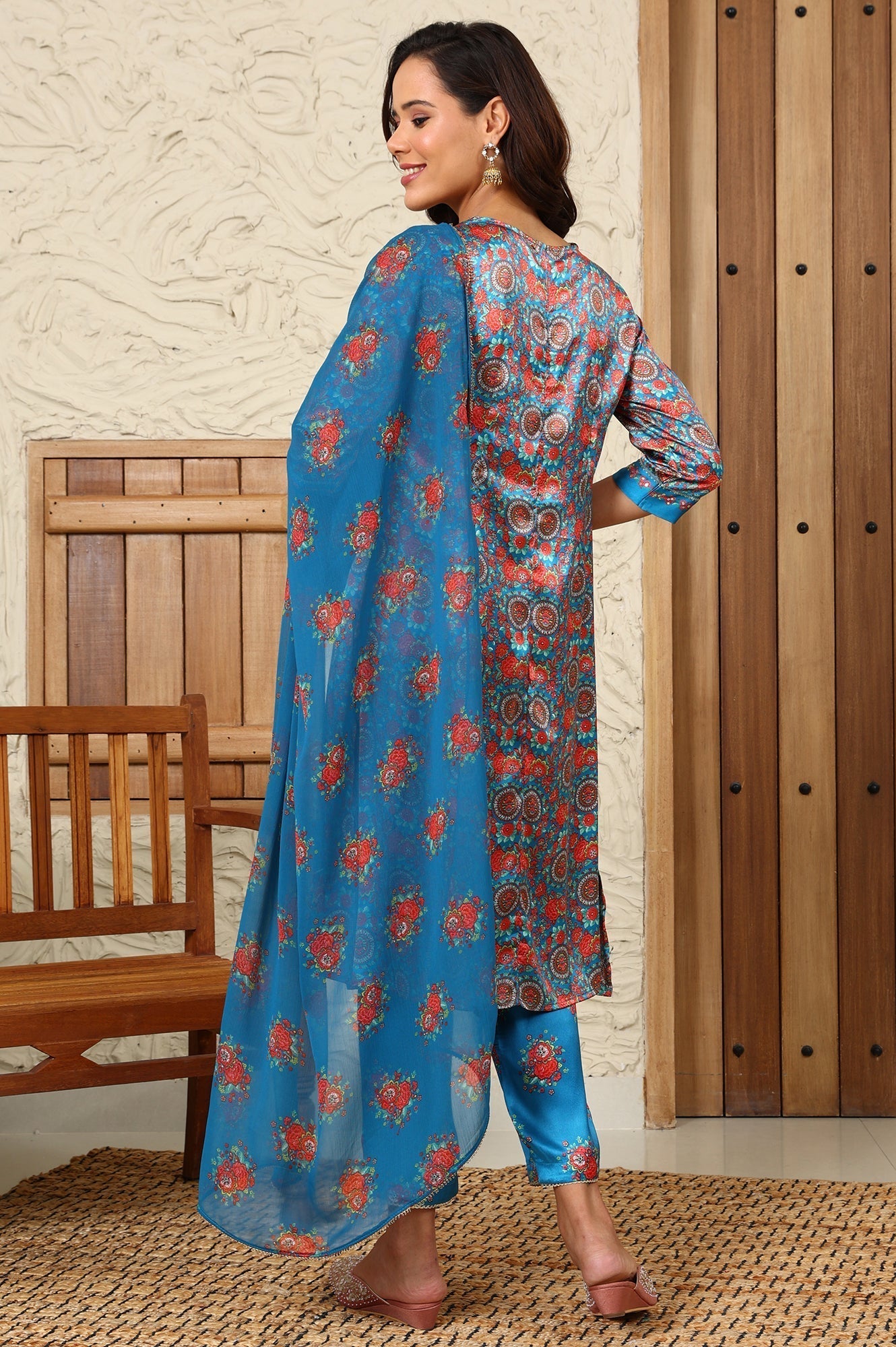W for Woman Teal Blue Floral Printed Japenese Satin Embroidered A-Line Kurta And Pants Set With Dupatta
