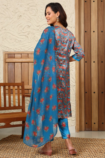 W for Woman Teal Blue Floral Printed Japenese Satin Embroidered A-Line Kurta And Pants Set With Dupatta