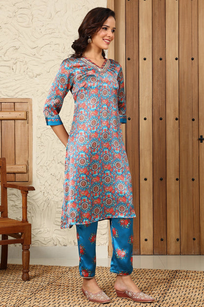 W for Woman Teal Blue Floral Printed Japenese Satin Embroidered A-Line Kurta And Pants Set With Dupatta