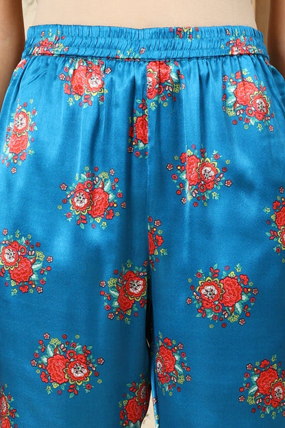 W for Woman Teal Blue Floral Printed Japenese Satin Embroidered A-Line Kurta And Pants Set With Dupatta