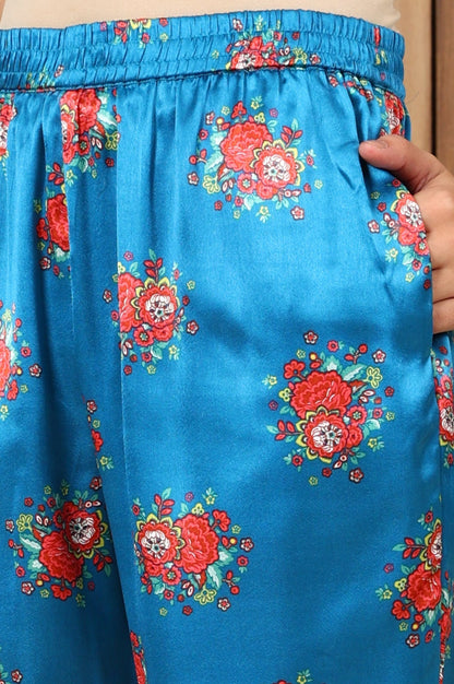 W for Woman Teal Blue Floral Printed Japenese Satin Embroidered A-Line Kurta And Pants Set With Dupatta