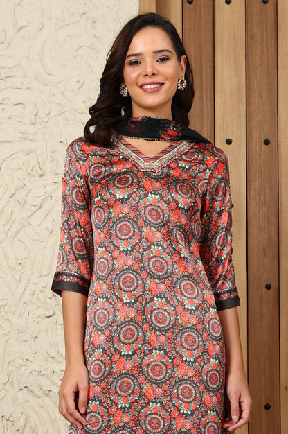 W for Woman Black Floral Printed Japenese Satin Embroidered A-Line Kurta And Pants Set With Dupatta