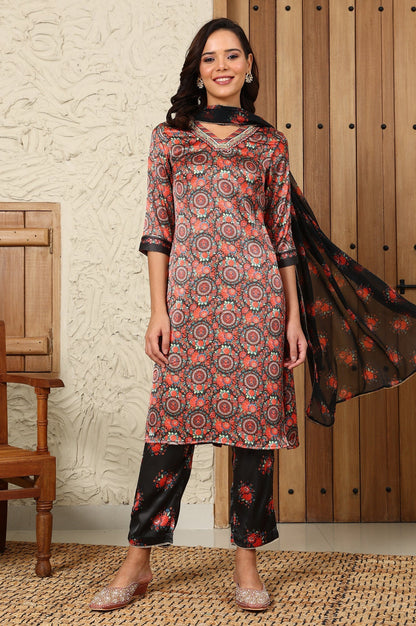W for Woman Black Floral Printed Japenese Satin Embroidered A-Line Kurta And Pants Set With Dupatta