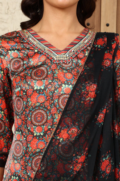 W for Woman Black Floral Printed Japenese Satin Embroidered A-Line Kurta And Pants Set With Dupatta