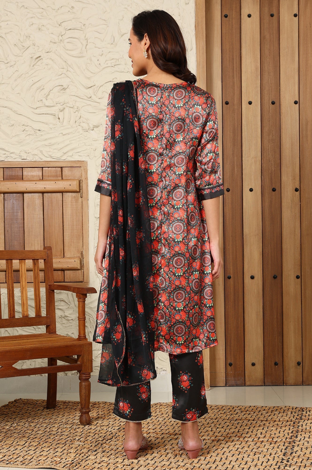 W for Woman Black Floral Printed Japenese Satin Embroidered A-Line Kurta And Pants Set With Dupatta