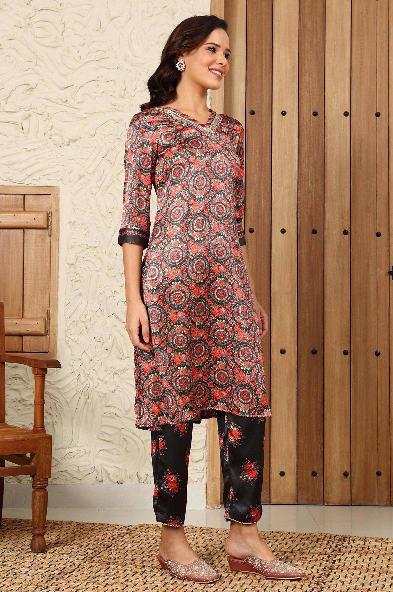 W for Woman Black Floral Printed Japenese Satin Embroidered A-Line Kurta And Pants Set With Dupatta