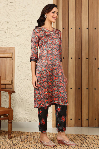 W for Woman Black Floral Printed Japenese Satin Embroidered A-Line Kurta And Pants Set With Dupatta