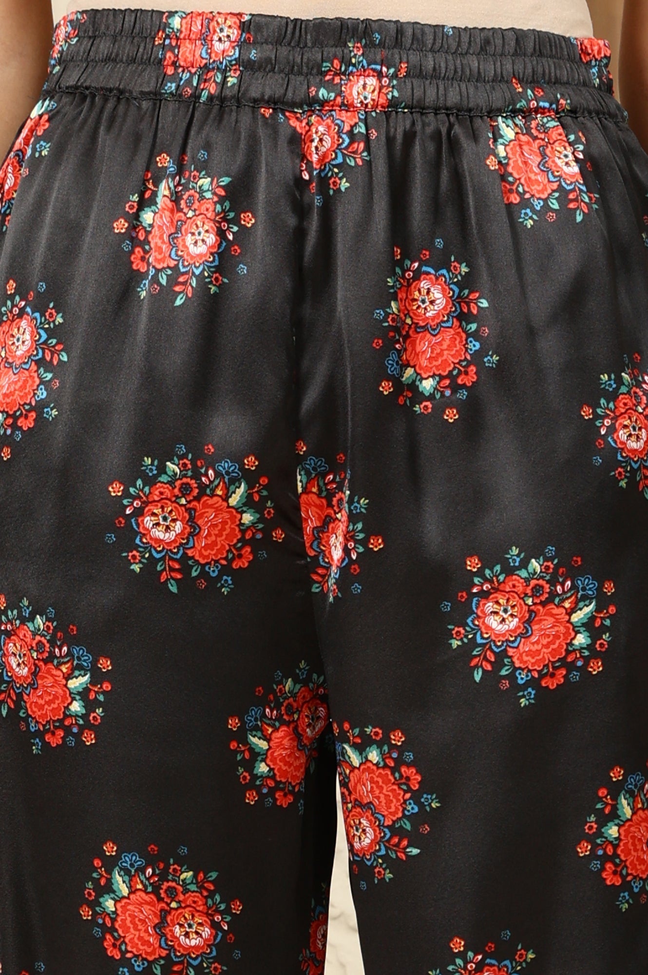 W for Woman Black Floral Printed Japenese Satin Embroidered A-Line Kurta And Pants Set With Dupatta
