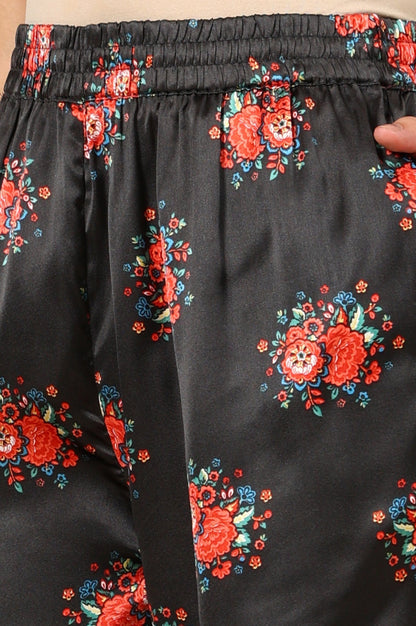 W for Woman Black Floral Printed Japenese Satin Embroidered A-Line Kurta And Pants Set With Dupatta