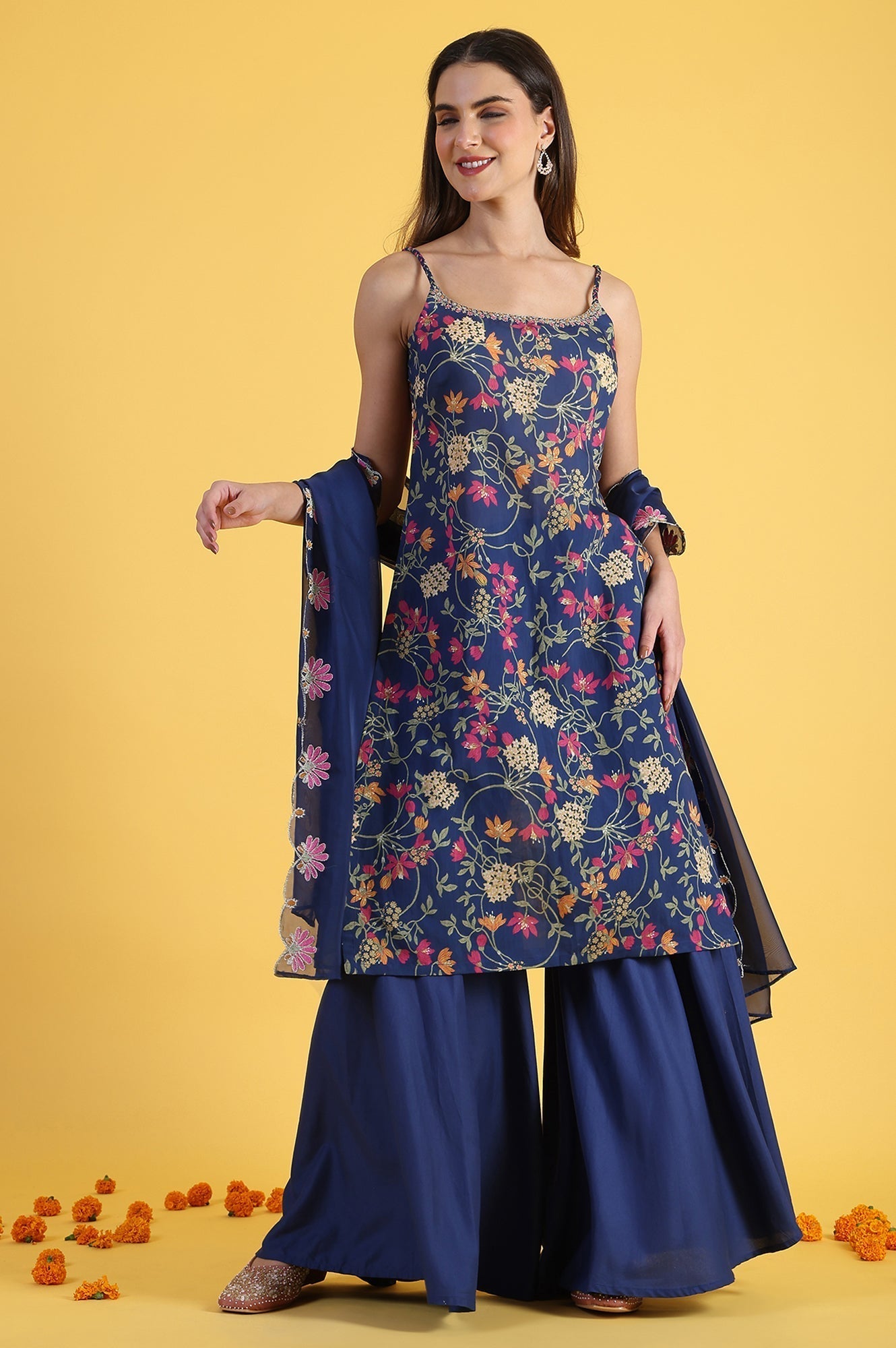 W for Woman Blue Printed Metallic Embroidery Straight Kurta & Sharara with Dupatta Set
