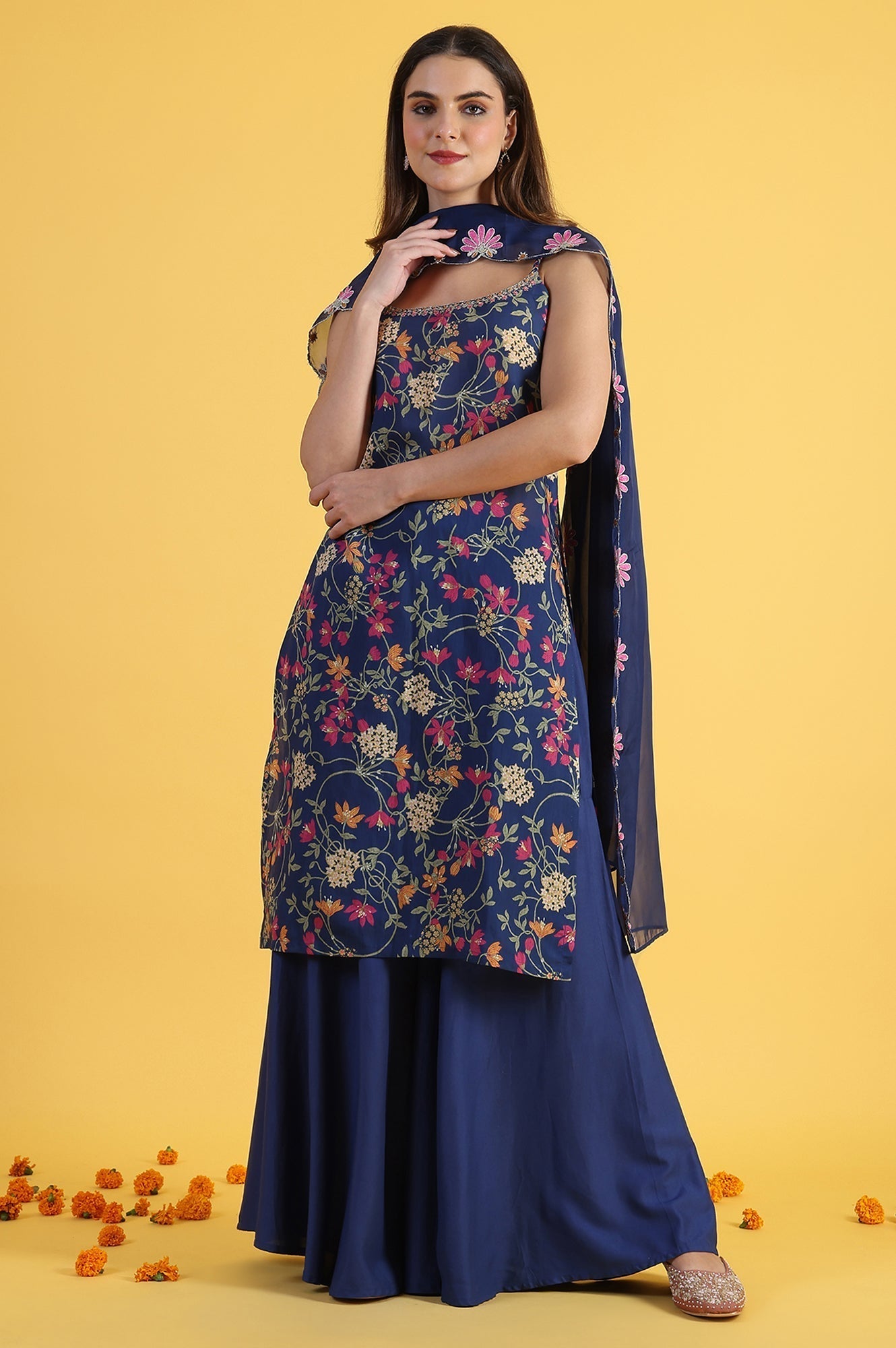 W for Woman Blue Printed Metallic Embroidery Straight Kurta & Sharara with Dupatta Set