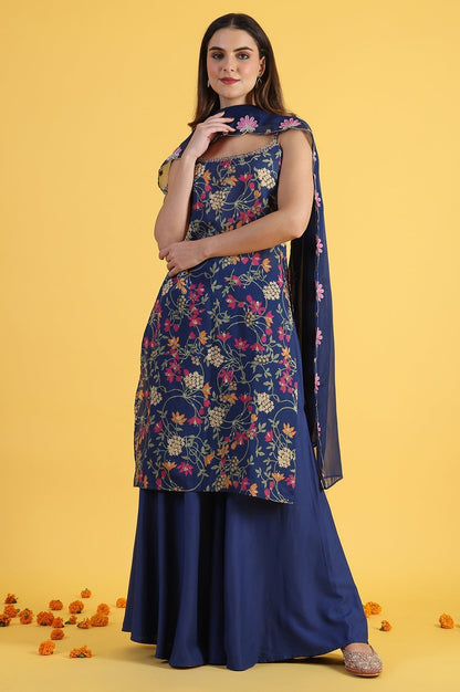 W for Woman Blue Printed Metallic Embroidery Straight Kurta & Sharara with Dupatta Set