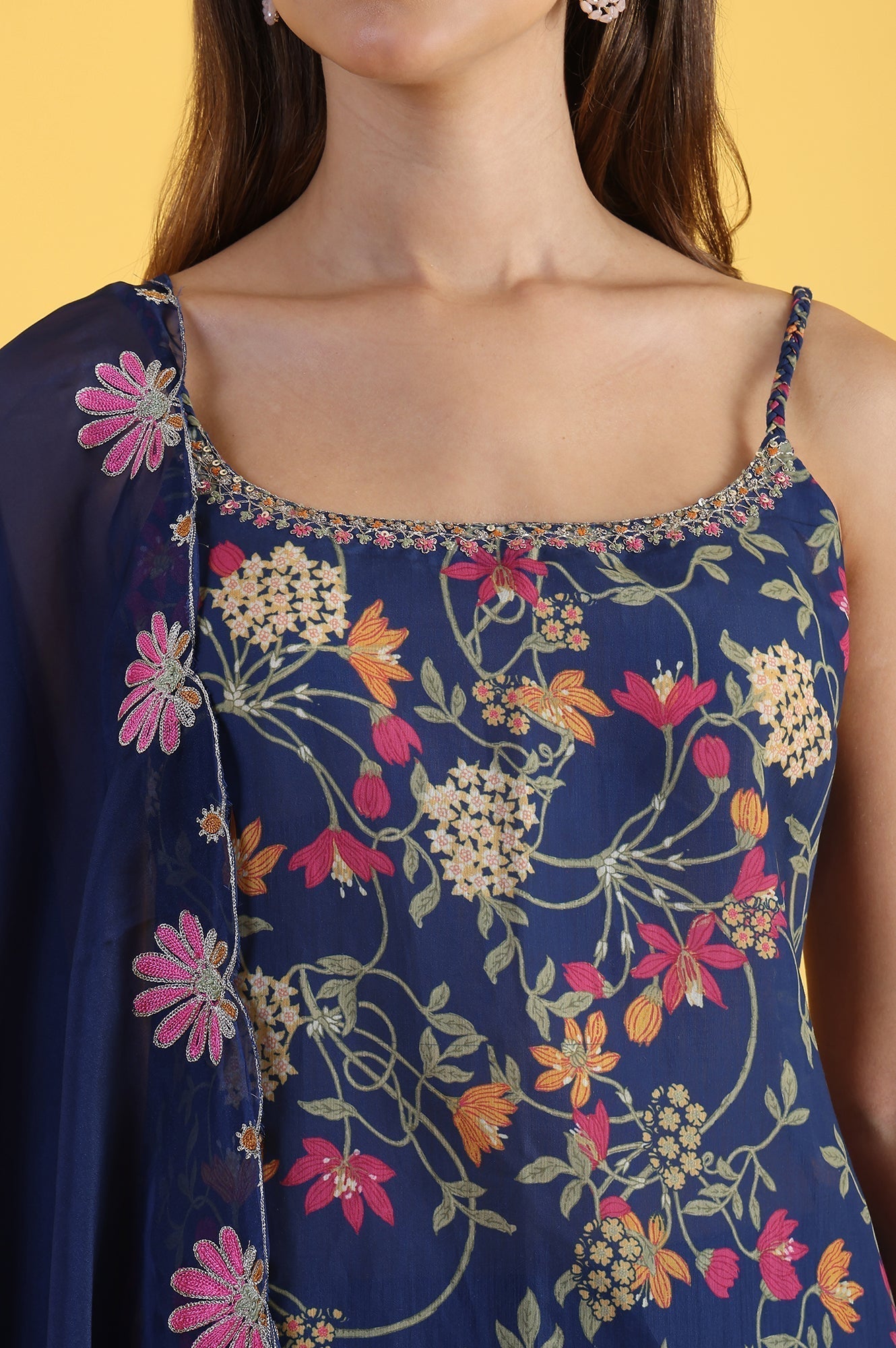 W for Woman Blue Printed Metallic Embroidery Straight Kurta & Sharara with Dupatta Set