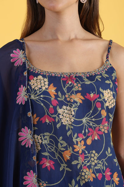 W for Woman Blue Printed Metallic Embroidery Straight Kurta & Sharara with Dupatta Set