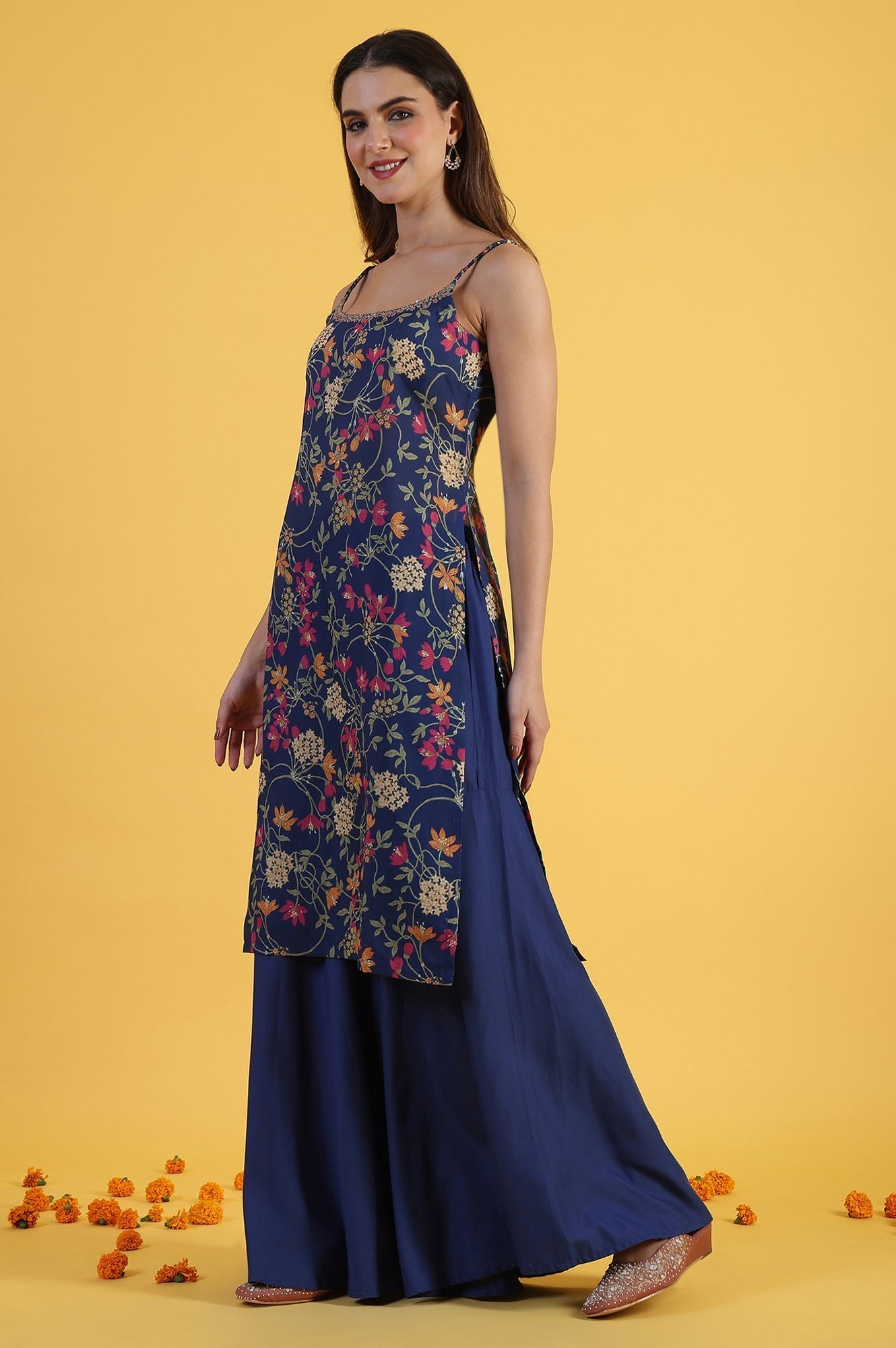 W for Woman Blue Printed Metallic Embroidery Straight Kurta & Sharara with Dupatta Set