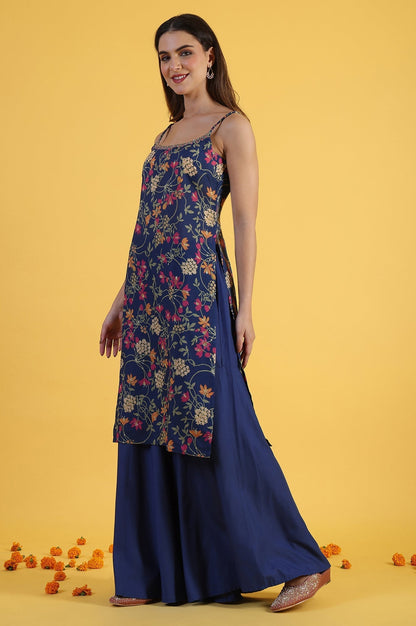 W for Woman Blue Printed Metallic Embroidery Straight Kurta & Sharara with Dupatta Set