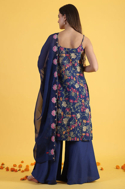 W for Woman Blue Printed Metallic Embroidery Straight Kurta & Sharara with Dupatta Set