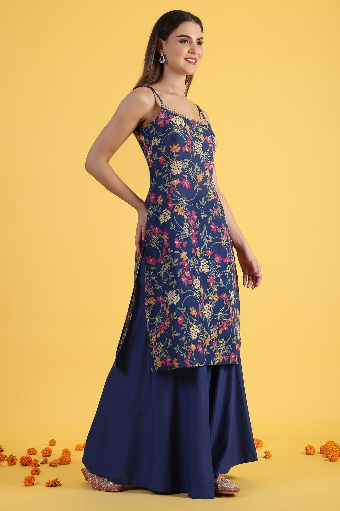 W for Woman Blue Printed Metallic Embroidery Straight Kurta & Sharara with Dupatta Set