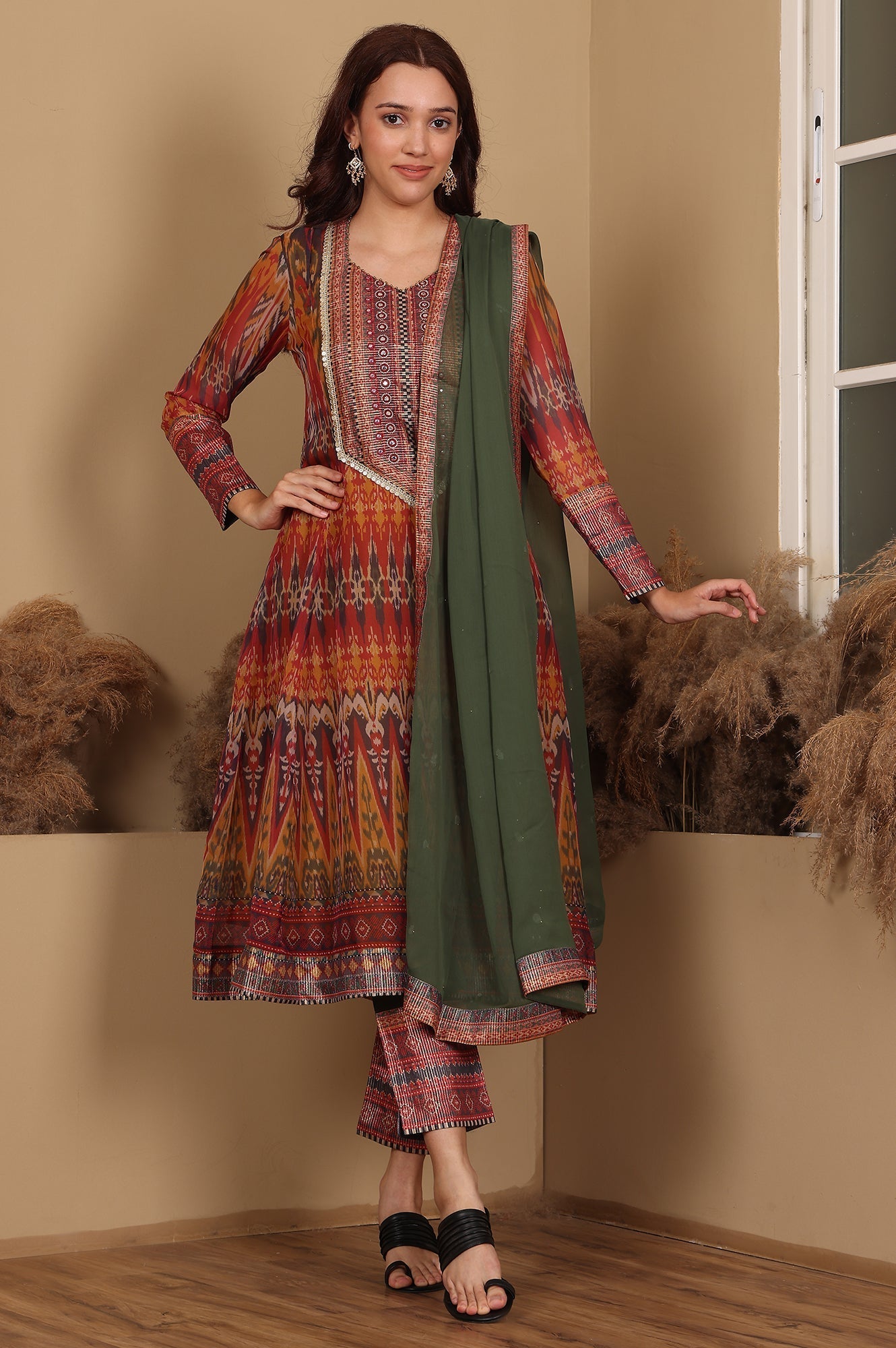 W for Woman Mustard Yellow Ikkat Printed Embellished Organza Anarkali Kurta, Pants And Dupatta Set