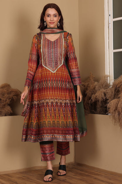 W for Woman Mustard Yellow Ikkat Printed Embellished Organza Anarkali Kurta, Pants And Dupatta Set