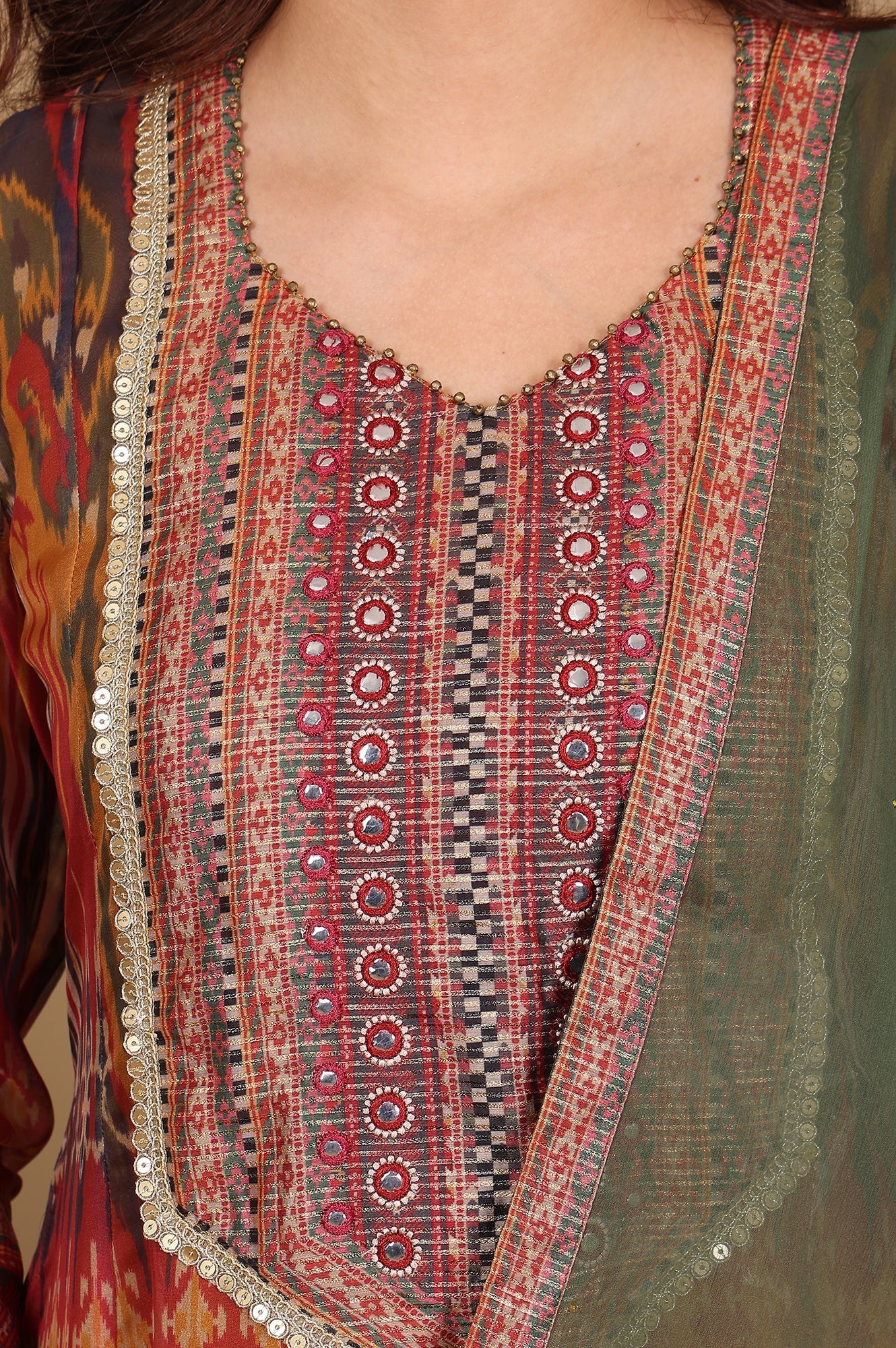 W for Woman Mustard Yellow Ikkat Printed Embellished Organza Anarkali Kurta, Pants And Dupatta Set