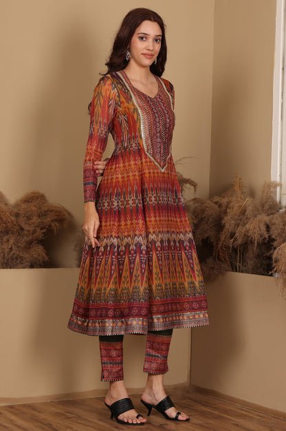 W for Woman Mustard Yellow Ikkat Printed Embellished Organza Anarkali Kurta, Pants And Dupatta Set