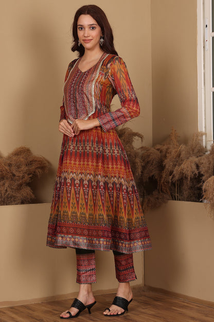 W for Woman Mustard Yellow Ikkat Printed Embellished Organza Anarkali Kurta, Pants And Dupatta Set