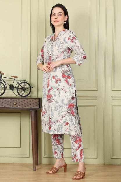W for Woman White Floral Printed Pure Cotton Straight Kurta And Pants Set