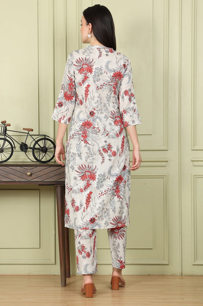 W for Woman White Floral Printed Pure Cotton Straight Kurta And Pants Set