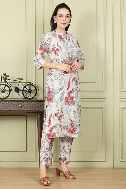 W for Woman White Floral Printed Pure Cotton Straight Kurta And Pants Set