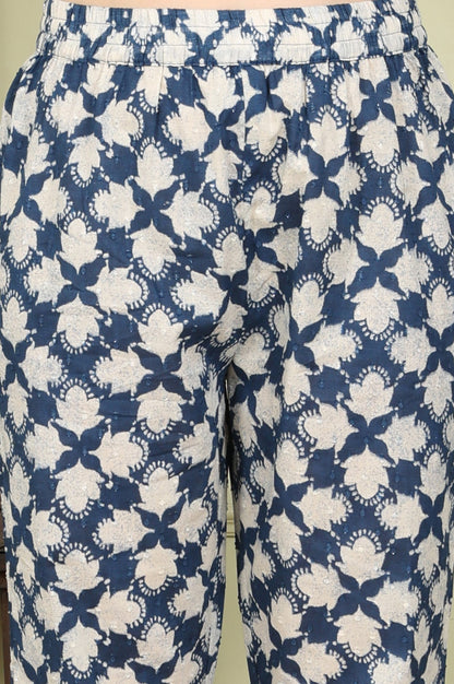 W for Woman Blue Floral Printed Cotton Blend Straight Kurta And Pants Co-Ord Set