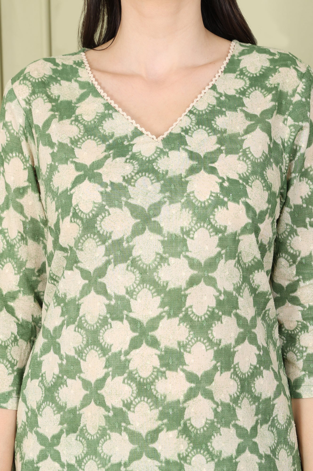 W for Woman Olive Green Floral Printed Cotton Blend Straight Kurta And Pants Co-Ord Set