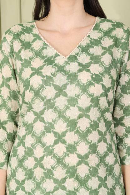 W for Woman Olive Green Floral Printed Cotton Blend Straight Kurta And Pants Co-Ord Set