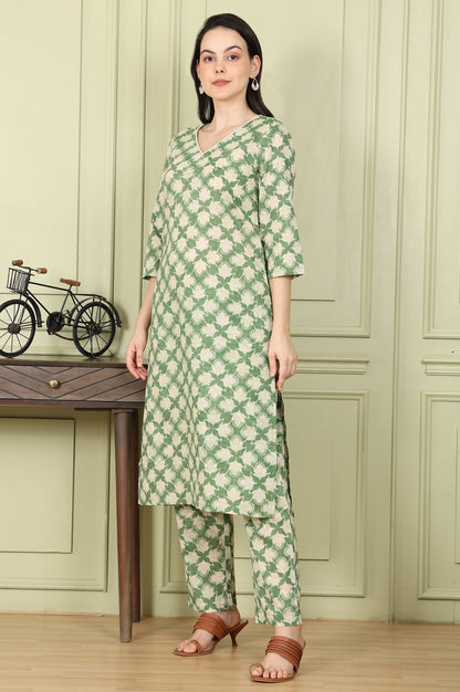 W for Woman Olive Green Floral Printed Cotton Blend Straight Kurta And Pants Co-Ord Set